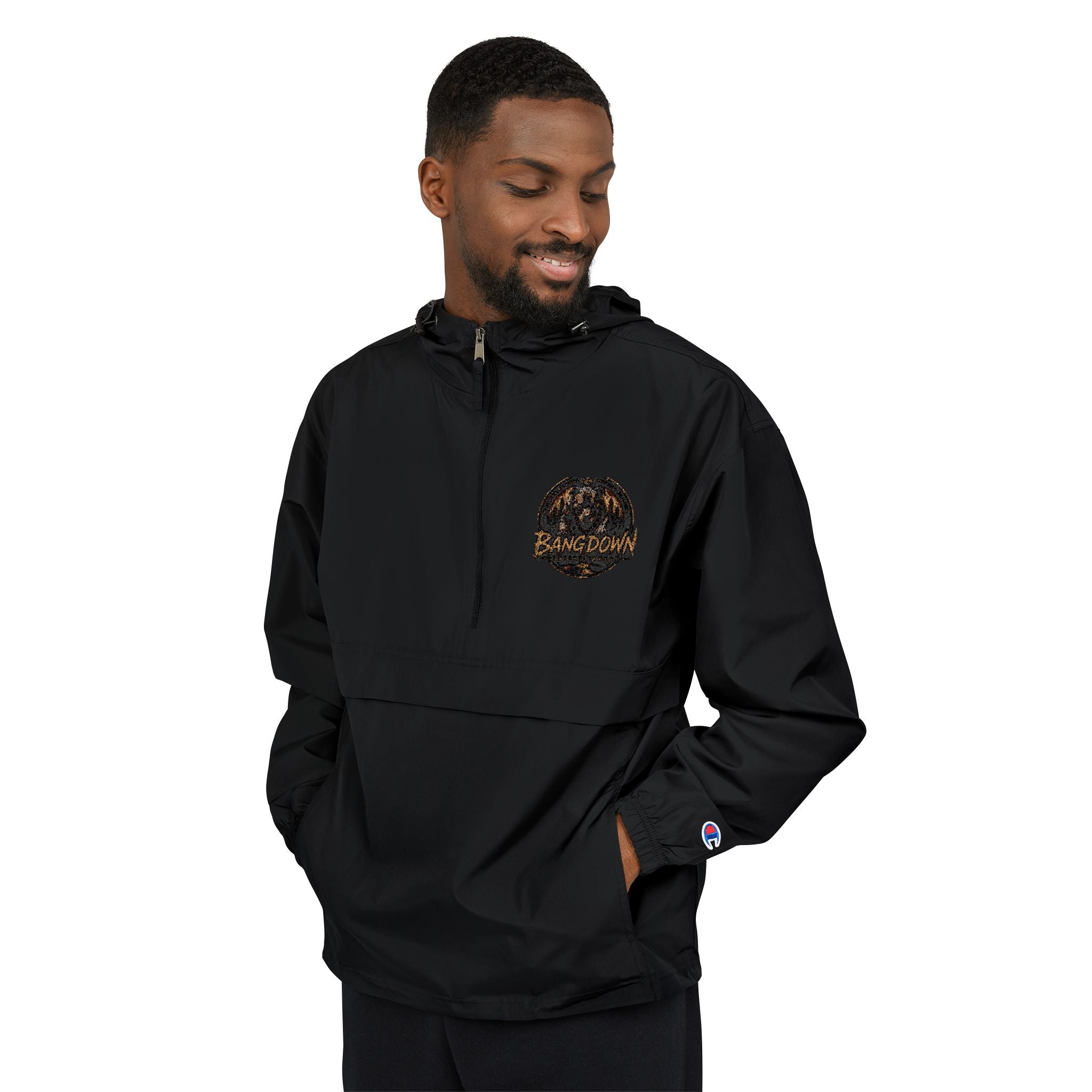 Anorak Jacket - Orange Packable Windbreaker with Chest Patch