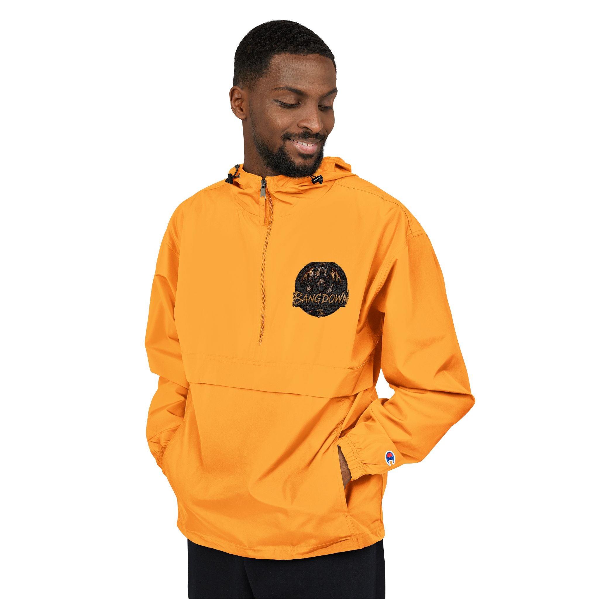 Anorak Jacket - Orange Packable Windbreaker with Chest Patch